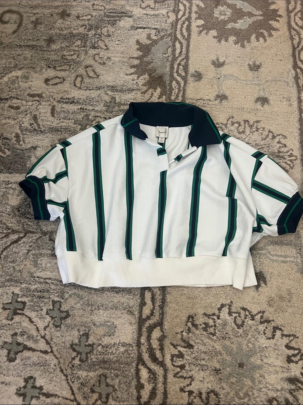 Maeve White Polo Top with Green & Navy Vertical Stripes